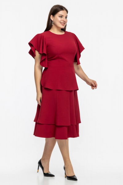 Нарядный деловой костюм из текстильного полотна с юбкой и блузой Avila 0974 бордовый - фото 6