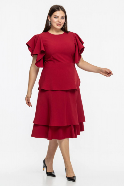Нарядный деловой костюм из текстильного полотна с юбкой и блузой Avila 0974 бордовый - фото 2
