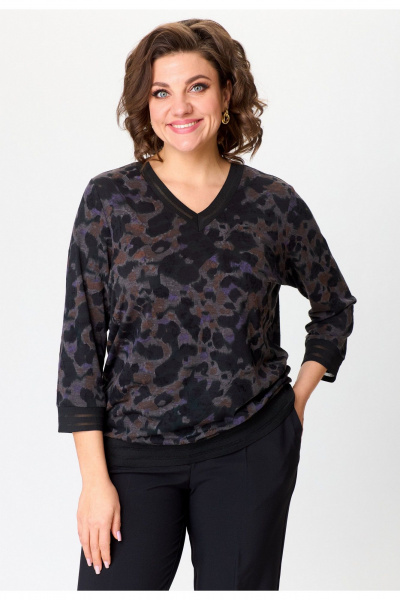 Блуза свободного силуэта из трикотажа с V-образным вырезом БелЭльСтиль 870-3_11_22 черный+сирень - фото 1