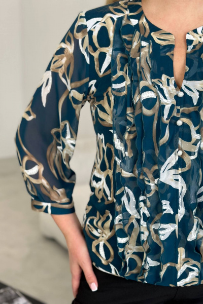 Блуза приталенная с подплечниками и wide резинкой LindaLux 483 изумрудный_бант - фото 6