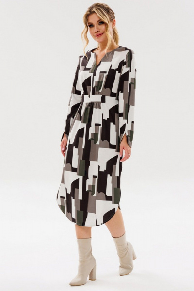 Мультиколор платье с вставками и сборками из трикотажа Faufilure C1689 - фото 1