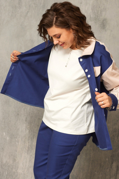 Синяя рубашка из джинса и вельвета на каждый день BegiModa 4113 сапфир - фото 7