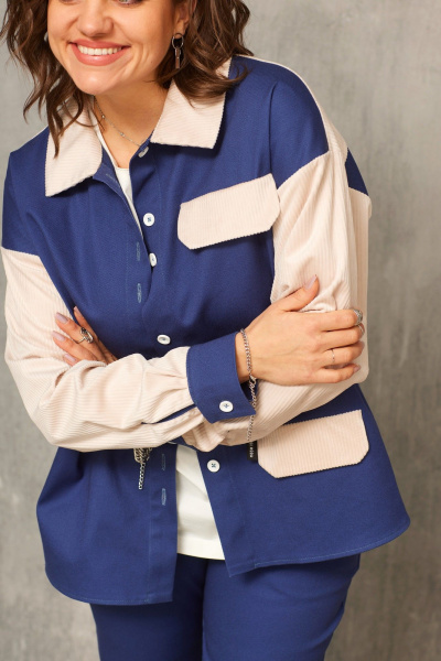 Синяя рубашка из джинса и вельвета на каждый день BegiModa 4113 сапфир - фото 5
