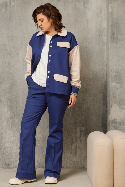 Синяя рубашка из джинса и вельвета на каждый день BegiModa 4113 сапфир - фото 1