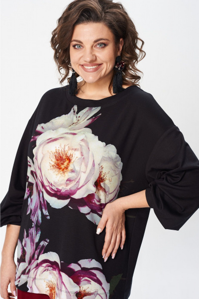 Черный свободный джемпер с принтом и складками на рукавах Gizart 15360 черный-пион - фото 12