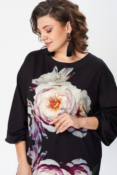 Черный свободный джемпер с принтом и складками на рукавах Gizart 15360 черный-пион - фото 11