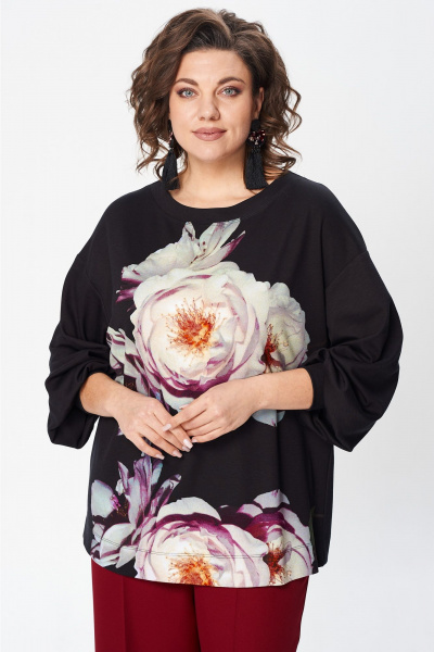 Черный свободный джемпер с принтом и складками на рукавах Gizart 15360 черный-пион - фото 10