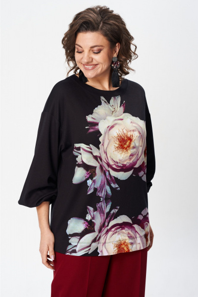 Черный свободный джемпер с принтом и складками на рукавах Gizart 15360 черный-пион - фото 9