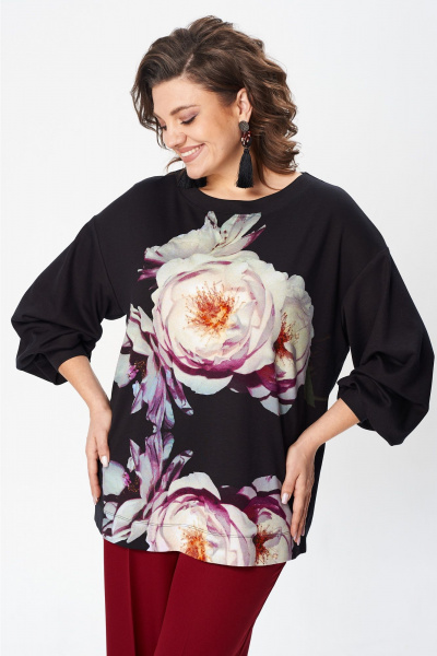 Черный свободный джемпер с принтом и складками на рукавах Gizart 15360 черный-пион - фото 8