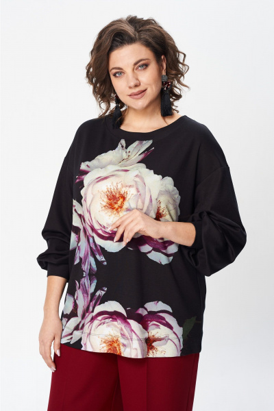 Черный свободный джемпер с принтом и складками на рукавах Gizart 15360 черный-пион - фото 1