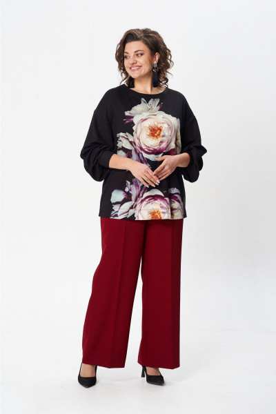 Черный свободный джемпер с принтом и складками на рукавах Gizart 15360 черный-пион - фото 7