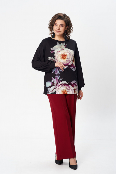 Черный свободный джемпер с принтом и складками на рукавах Gizart 15360 черный-пион - фото 6