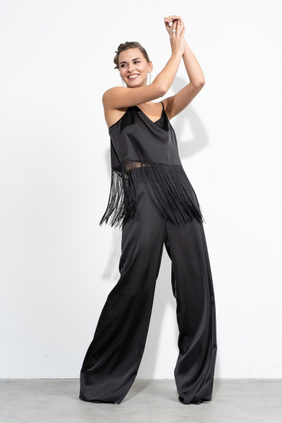 Черный костюм брюк и топа из струящегося сатина Luna 205 черный - фото 1