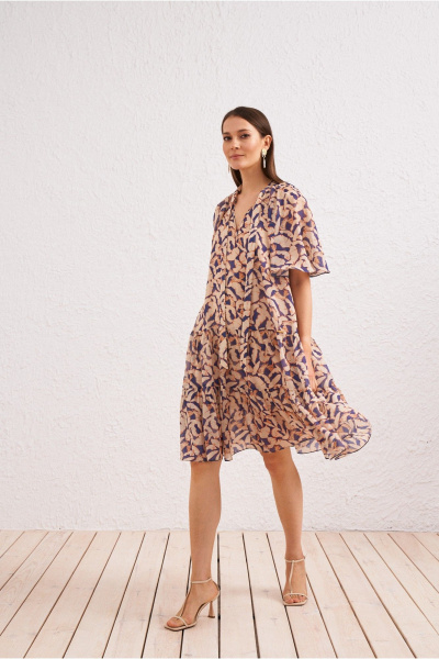 Платье на каждый день из текстиля, бежевое и синее BURVIN 9628-81 - фото 1