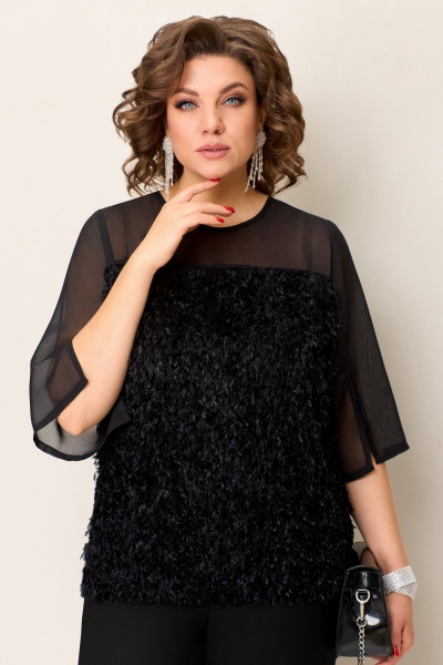 Черная блуза-джемпер с шифоновой вставкой и брюки с высокой посадкой VOLNA 1392 черный - фото 5