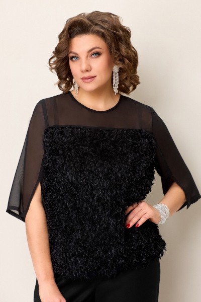 Черная блуза-джемпер с шифоновой вставкой и брюки с высокой посадкой VOLNA 1392 черный - фото 4