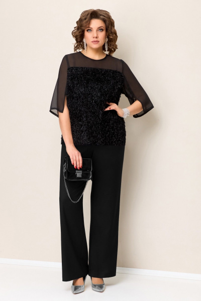 Черная блуза-джемпер с шифоновой вставкой и брюки с высокой посадкой VOLNA 1392 черный - фото 1