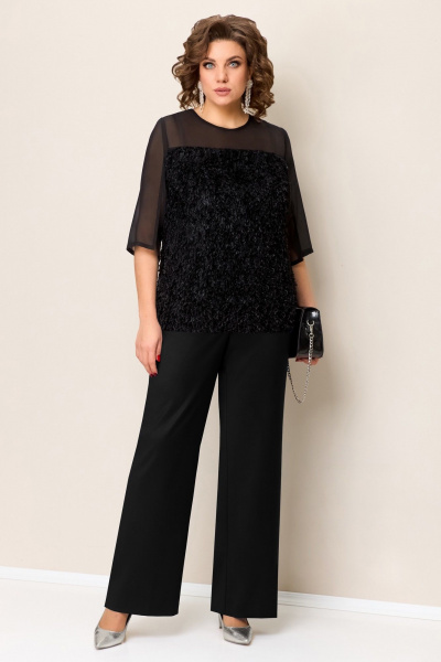 Черная блуза-джемпер с шифоновой вставкой и брюки с высокой посадкой VOLNA 1392 черный - фото 2