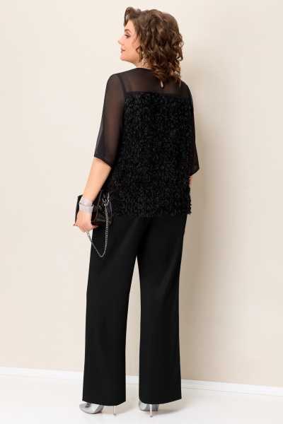 Черная блуза-джемпер с шифоновой вставкой и брюки с высокой посадкой VOLNA 1392 черный - фото 3