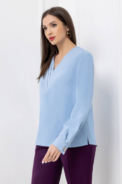 Голубая деловая блузка из текстиля с плиссированной вставкой Gold Style 2689 - фото 3