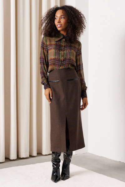 Твидовая юбка из шерсти в деловом стиле с разрезом C. of PAPAYA NEW 1739 коричневый - фото 1