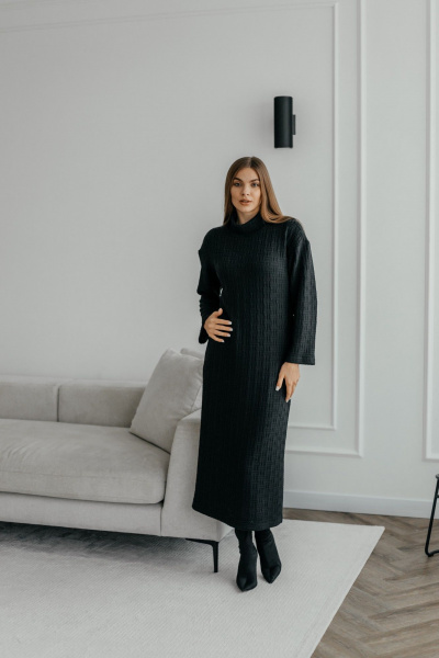 Платье миди из трикотажа с длинным рукавом и расклешенным низом Стильная леди 1055 черный - фото 2