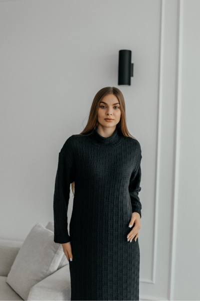 Платье миди из трикотажа с длинным рукавом и расклешенным низом Стильная леди 1055 черный - фото 1