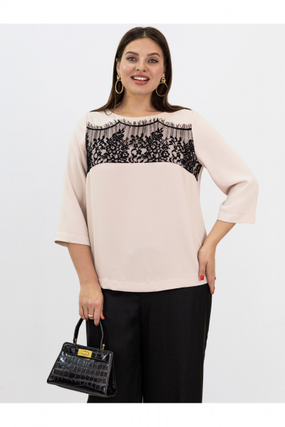Бежевая кружевная блузка с воротником и вырезом, на каждый день Ollsy 02109 - фото 1