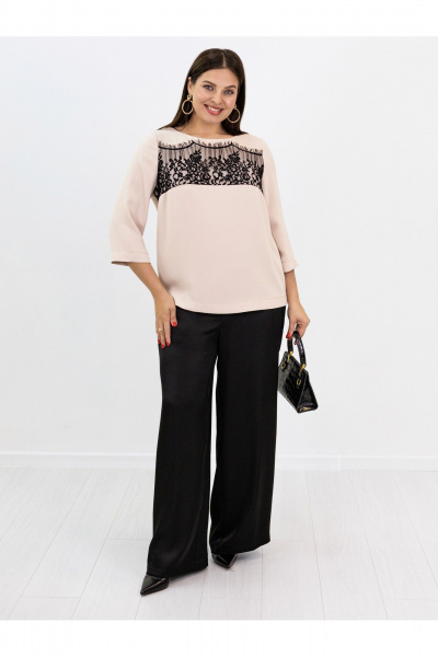 Бежевая кружевная блузка с воротником и вырезом, на каждый день Ollsy 02109 - фото 2