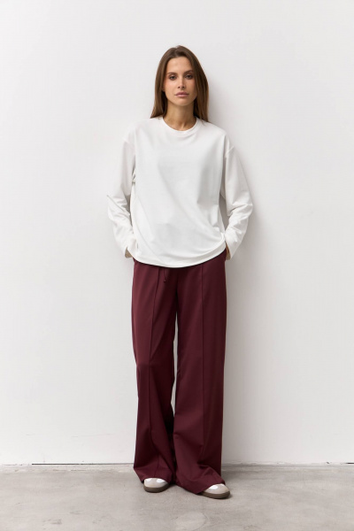 Широкие брюки из костюмной ткани с шнурком и эластичным поясом Luitui R2019 винный - фото 5