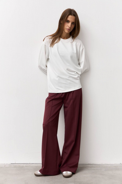 Широкие брюки из костюмной ткани с шнурком и эластичным поясом Luitui R2019 винный - фото 1