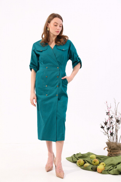 Платье джинсовое двубортное миди с поясом NikVa 362-10 изумруд - фото 4