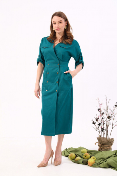 Платье джинсовое двубортное миди с поясом NikVa 362-10 изумруд - фото 2