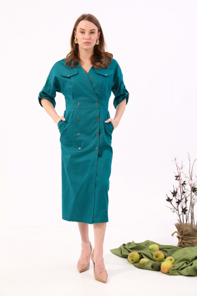 Платье джинсовое двубортное миди с поясом NikVa 362-10 изумруд - фото 1