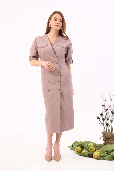 Платье джинсовое двубортное миди с карманами NikVa 362-9 песок - фото 7