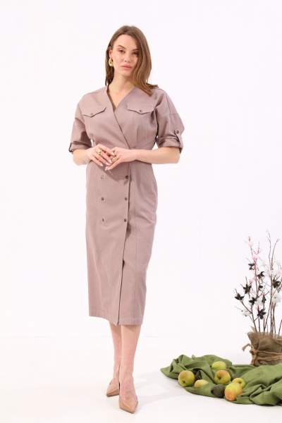 Платье джинсовое двубортное миди с карманами NikVa 362-9 песок - фото 5