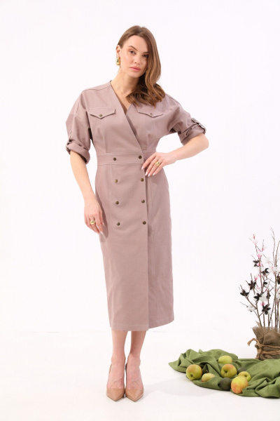 Платье джинсовое двубортное миди с карманами NikVa 362-9 песок - фото 4