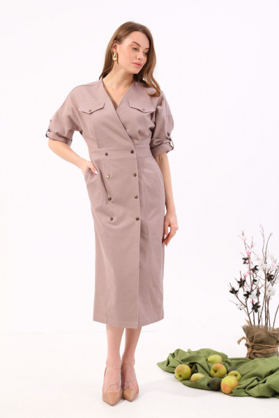 Платье джинсовое двубортное миди с карманами NikVa 362-9 песок - фото 1