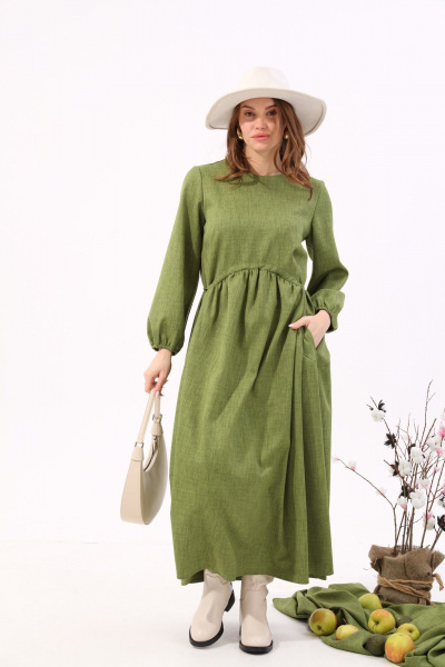 Платье макси с балконным рукавом и кулисой NikVa 717-4 зелень - фото 10