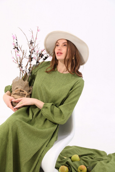 Платье макси с балконным рукавом и кулисой NikVa 717-4 зелень - фото 8