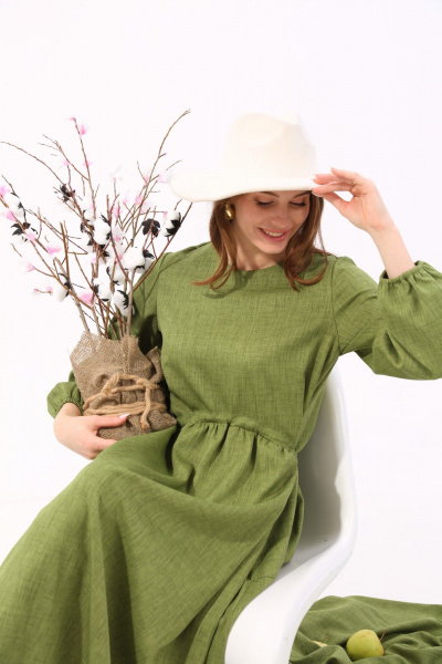 Платье макси с балконным рукавом и кулисой NikVa 717-4 зелень - фото 7