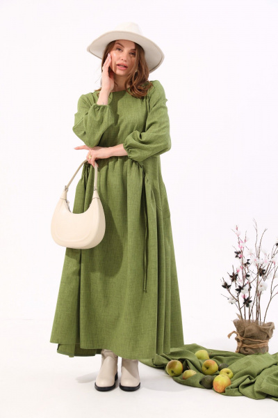 Платье макси с балконным рукавом и кулисой NikVa 717-4 зелень - фото 6