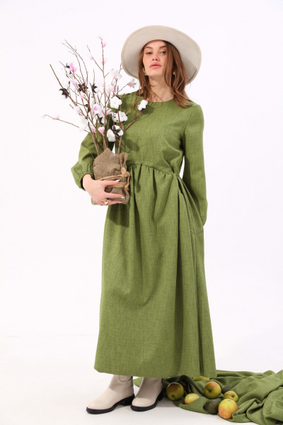 Платье макси с балконным рукавом и кулисой NikVa 717-4 зелень - фото 3
