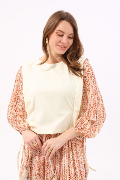 Платье макси комбинированное трикотаж и шифон NikVa 740-10 молоко+песочный - фото 8