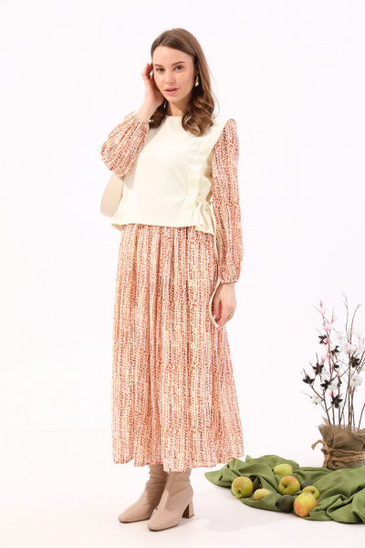 Платье макси комбинированное трикотаж и шифон NikVa 740-10 молоко+песочный - фото 7