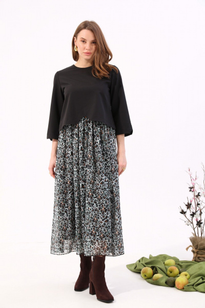 Платье макси из шифона с подкладкой NikVa 740-12 чёрный+бирюзовый леопард - фото 6