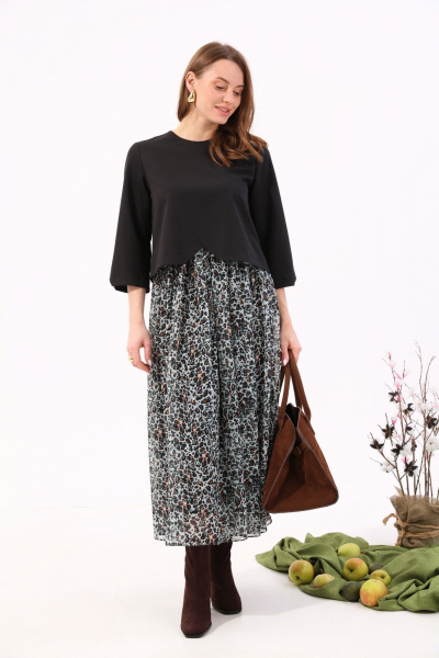 Платье макси из шифона с подкладкой NikVa 740-12 чёрный+бирюзовый леопард - фото 3