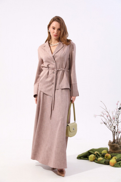 Костюм бежевый из жакета и юбки макси с карманами NikVa 917-3 песок - фото 4