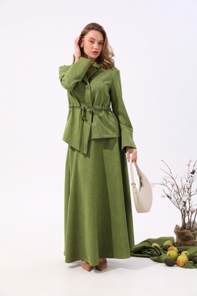 Костюм из жакета и юбки макси с асимметричным низом NikVa 917-4 зелень - фото 8