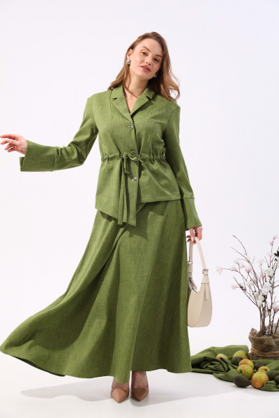 Костюм из жакета и юбки макси с асимметричным низом NikVa 917-4 зелень - фото 2